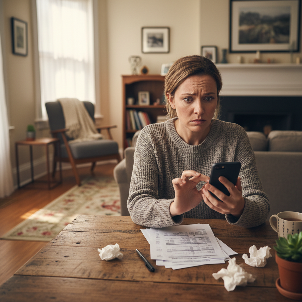 Woman at home table holding phone and looking concerned, with pen and paper nearby